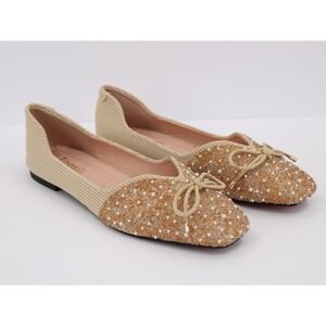 Pearl-Embellished Beige Square Toe Ballet Flats